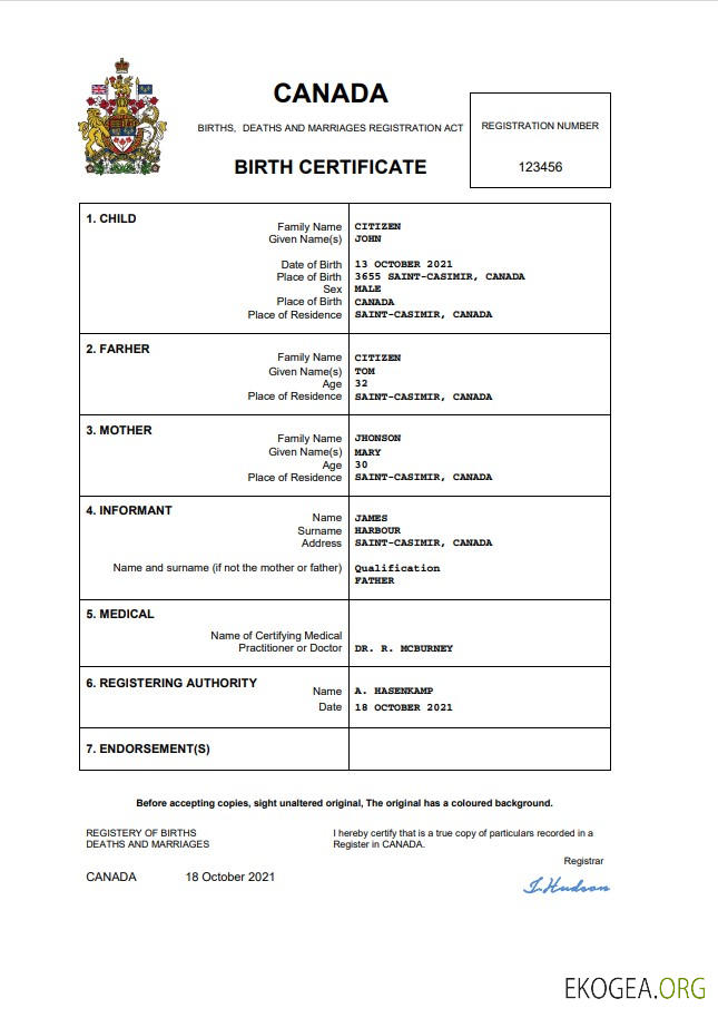 Modèle Word et PDF d'acte de naissance au Canada